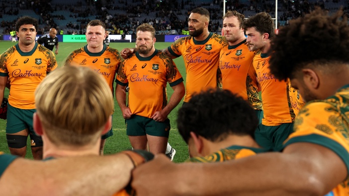 James Slipper of the Australian Wallabies looks on in the team huddle after losing The Rugby Championship & Bledisloe Cup match between Australia Wallabies and New Zealand All Blacks at Accor Stadium on September 21, 2024 in Sydney, Australia. (Photo by Cameron Spencer/Getty Images)