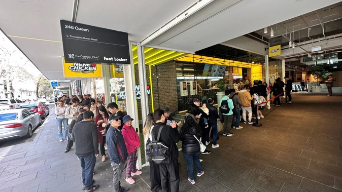 People lined up outside NeNe Chicken which had a successful opening weekend at its Lorne St, Auckland store. (Photo / NZ Herald)
