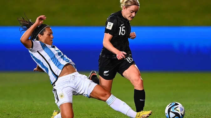 Paige Satchell of New Zealand is tackled by Eliana Stabile of Argentina. Photo / Getty Images.