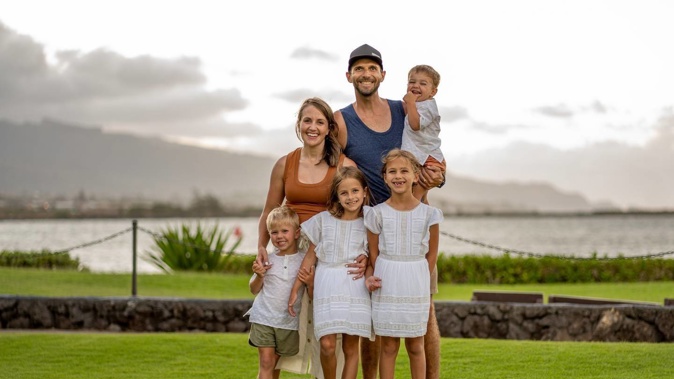 Jones with husband Donnie and their children, twins Amelia and Reese, 8, Milo, 5 and Pax, 2. Photo / Supplied