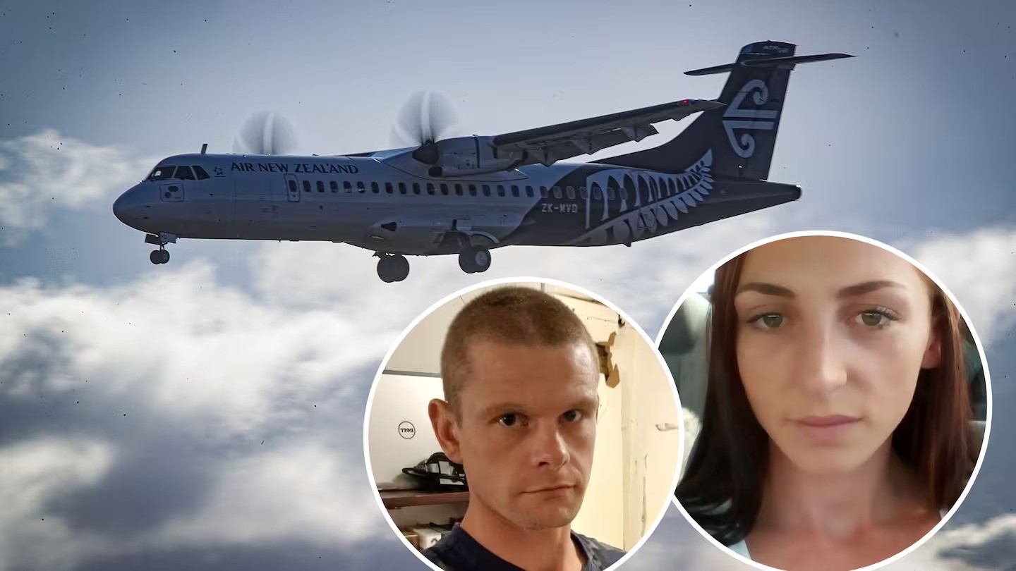 Nelson pair Reuben Finn and Bronte LeLievre landed themselves in court after a public display of affection on board an Air New Zealand regional flight from Auckland to Nelson. Each has now been sentenced on a charge of performing an indecent act in a public place. Image / NZME composite