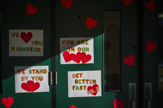 Messages of support for teacher Abby Zwerner, who was shot by a 6 year old student, grace the front door of Richneck Elementary. Photo / AP