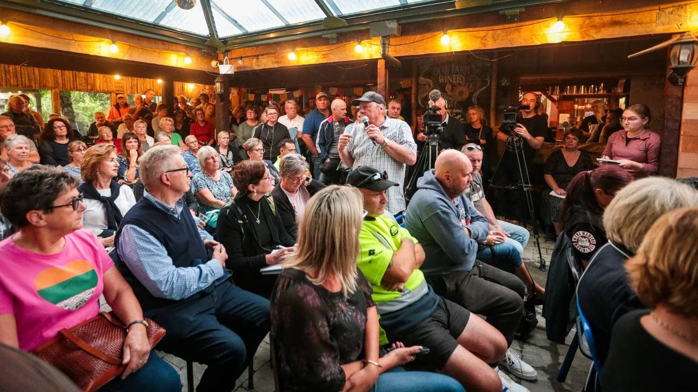 The public meeting at Crab Farm Winery, in Bay View, Napier, was called to discuss crime concerns following Cyclone Gabrielle. Photo / Paul Taylor