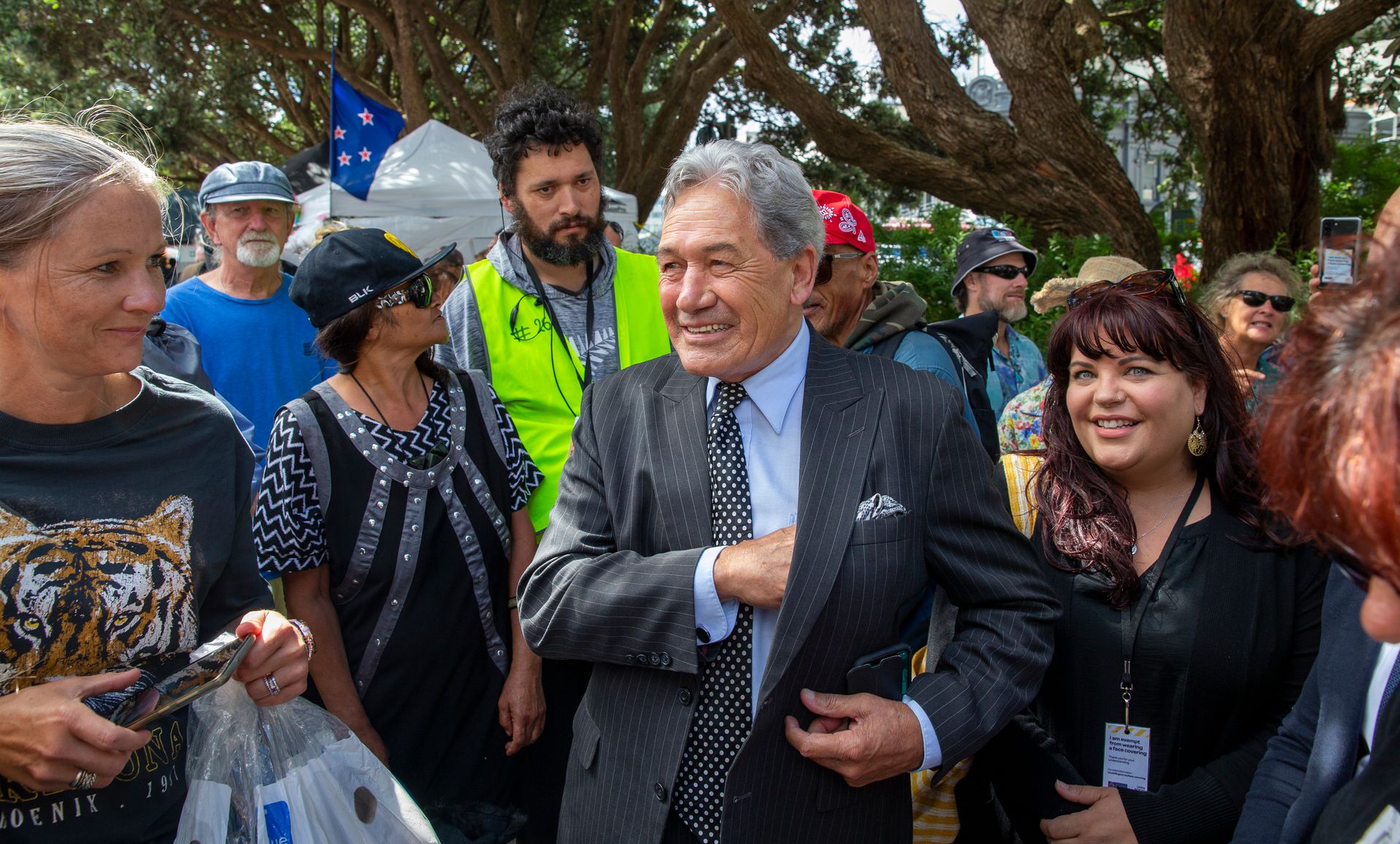 NZ First leader Winston Peters among protesters during the Covid 19 convoy protest and occupation at Parliament. Photo / Photo Mark Mitchell.