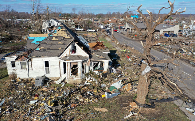An aerial view shows homes badly destroyed after a tornado ripped through Mayfield, Kentucky, on Friday. (Photo / Getty Images)