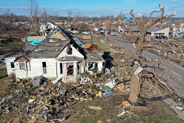 An aerial view shows homes badly destroyed after a tornado ripped through Mayfield, Kentucky, on Friday. (Photo / Getty Images)