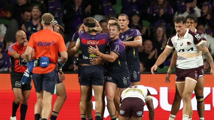 Eliesa Katoa of the melbourne Storm celebrates with team mates after scoring a try during the round five NRL match against the Brisbane Broncos, April 04, 2024. Photo / Getty