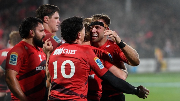 Braydon Ennor of the Crusaders celebrates winning the Super Rugby Pacific Semi Final - Crusaders v Blues at Apollo Projects Stadium, Christchurch, New Zealand, 13th June 2025. Copyright photo: John Davidson / www.photosport.nz