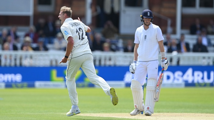 New Zealand bowler Kyle Jamieson celebrates after dismissing Zak Crawley during day three of the first Test Match between England and New Zealand at Lord's Cricket Ground on June 04, 2022 in London, England. (Photo by Stu Forster/Getty Images)