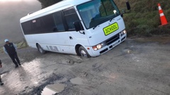 Tuesday morning’s school bus run to Bay of Islands College came to an abrupt end on Waikare Valley Rd when the bus got stuck in a pothole.