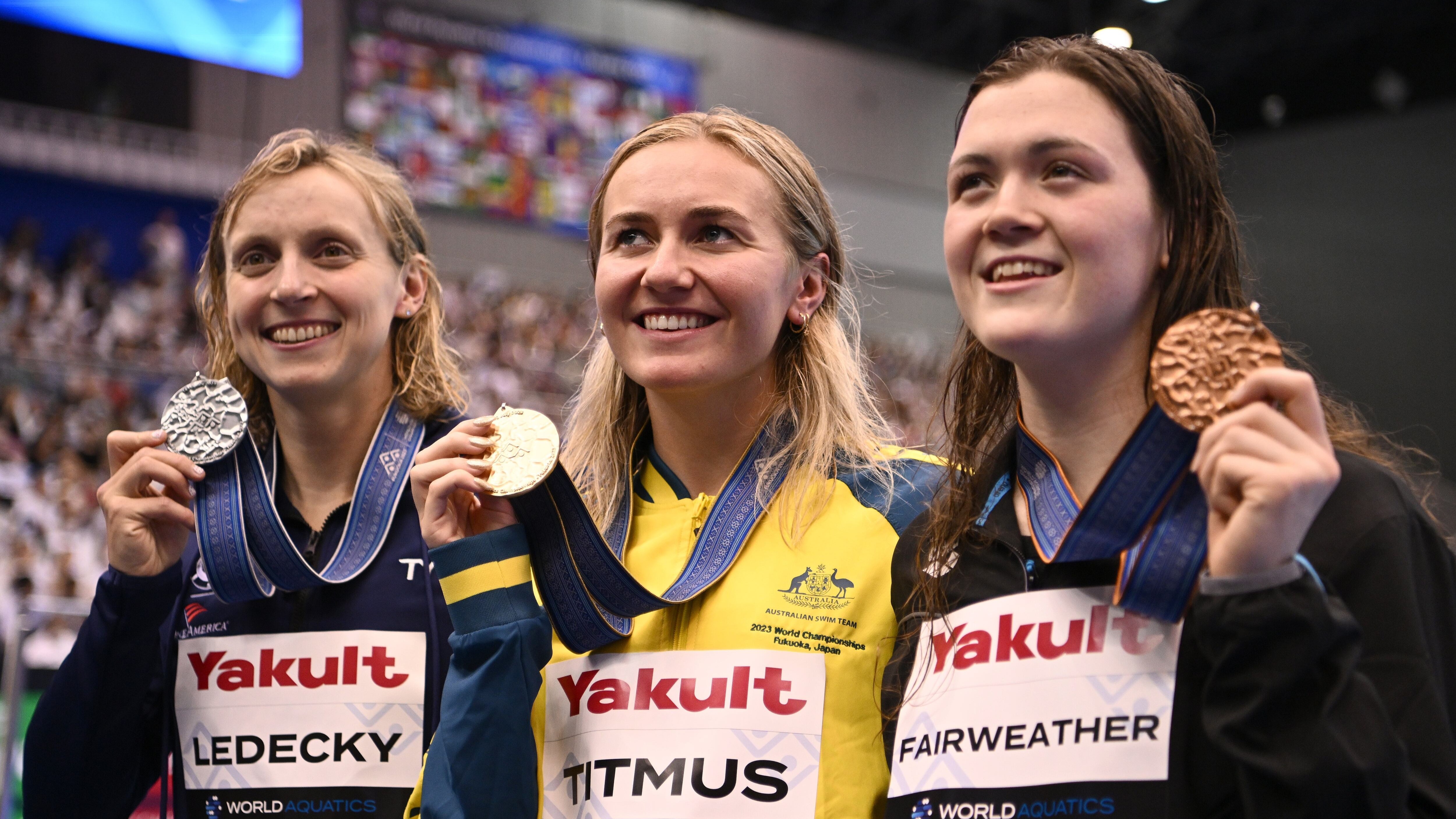 Katie Ledecky, Ariarne Titmus and Erika Fairweather at the 2023 world championships. Photo / Getty Images