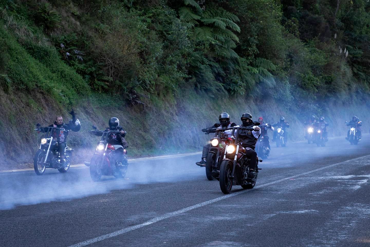 Part of the funeral procession for Mongrel Mob leader Steven Taiatini. Photo / Andrew Warner