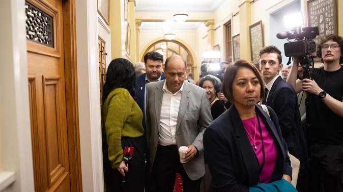 New Labour MP for Ikaroa-Rāwhiti Cushla Tangaere-Manuel on her first day in Parliament, with Willie Jackson to her left. Photo / George Heard