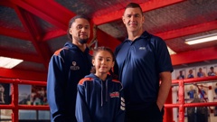 From left: Giants members Saili Fiso and Waiatatia Devine, with boxing academy founder Craig McDougall.