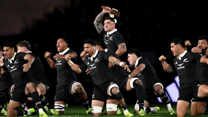 Codie Taylor of New Zealand leads the haka during the International Test match between New Zealand All Blacks and France at Forsyth Barr Stadium on July 05, 2025 in Dunedin, New Zealand. (Photo by Joe Allison/Getty Images)