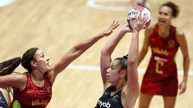 Maia Wilson of New Zealand shoots during the 2022 Netball Quad Series match in London. Photo / Getty