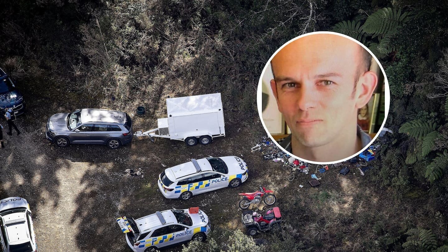 Police at one of the bush campsites where Tom Phillips (inset) and his children were believed to have stayed. Photo / Dean Purcell