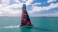 Team New Zealand’s new AC75 Taihoro sailing on the Hauraki Gulf. Photo / James Somerset, Team New Zealand