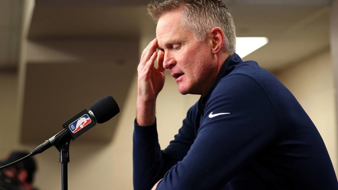 Reacting to the Uvalde, Texas, school shooting earlier in the day, Golden State Warriors coach Steve Kerr makes a statement. Photo / AP