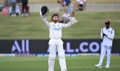 Devon Conway celebrates reaching 200 on day two of the third test between the Black Caps and the West Indies. Photo / Photosport
