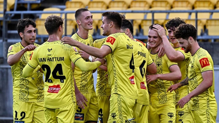 Ben Old of the Phoenix celebrates after scoring a goal against Adelaide United. Photosport