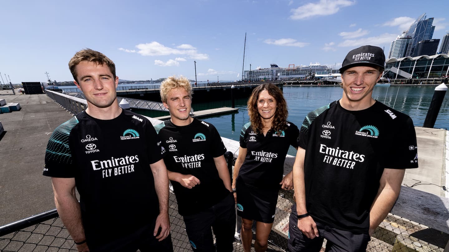 Josh Armit, Jake Pye, Jo Aleh and Seb Menzies have joined Emirates Team New Zealand's sailing group. Photo / Dean Purcell