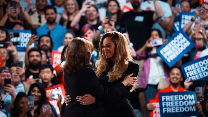 US Vice-President Kamala Harris embraces singer Beyonce at a campaign rally on October 25 in Houston, Texas. Photo / Getty Images