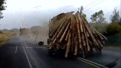 A logging truck trailer detaches on State Highway 30 at Ātiamuri spilling logs on to the highway.