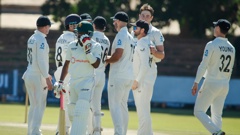 The Black Caps celebrate a Zimbabwean dismissal on the way to a nine-wicket win in Bulawayo on Saturday. Photo / Zimbabwe Cricket