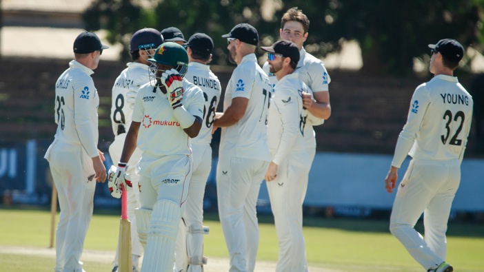 The Black Caps celebrate a Zimbabwean dismissal on the way to a nine-wicket win in Bulawayo on Saturday. Photo / Zimbabwe Cricket