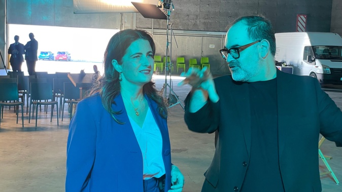 Finance Minister Nicola Willis meets with WingNut films CEO Carlos Ramirez Laloli at Stone Street Studios in Wellington. Photo / Thomas Coughlan