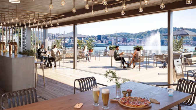 Architectural mock-ups show the proposed restaurant and bar looking over Wellington harbour. Photo / Wellington City Council.