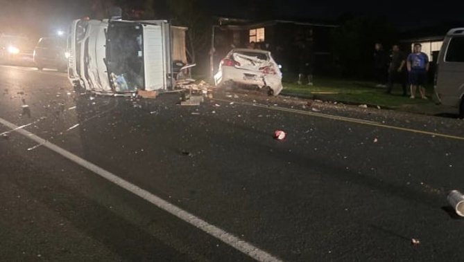 A truck collided with parked vehicles last night on Gossamer Drive, Pakuranga Heights, Auckland.