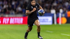 All Blacks winger Leicester Fainga'anuku makes a break at the 2023 Rugby World Cup. Photo / SmartFrame