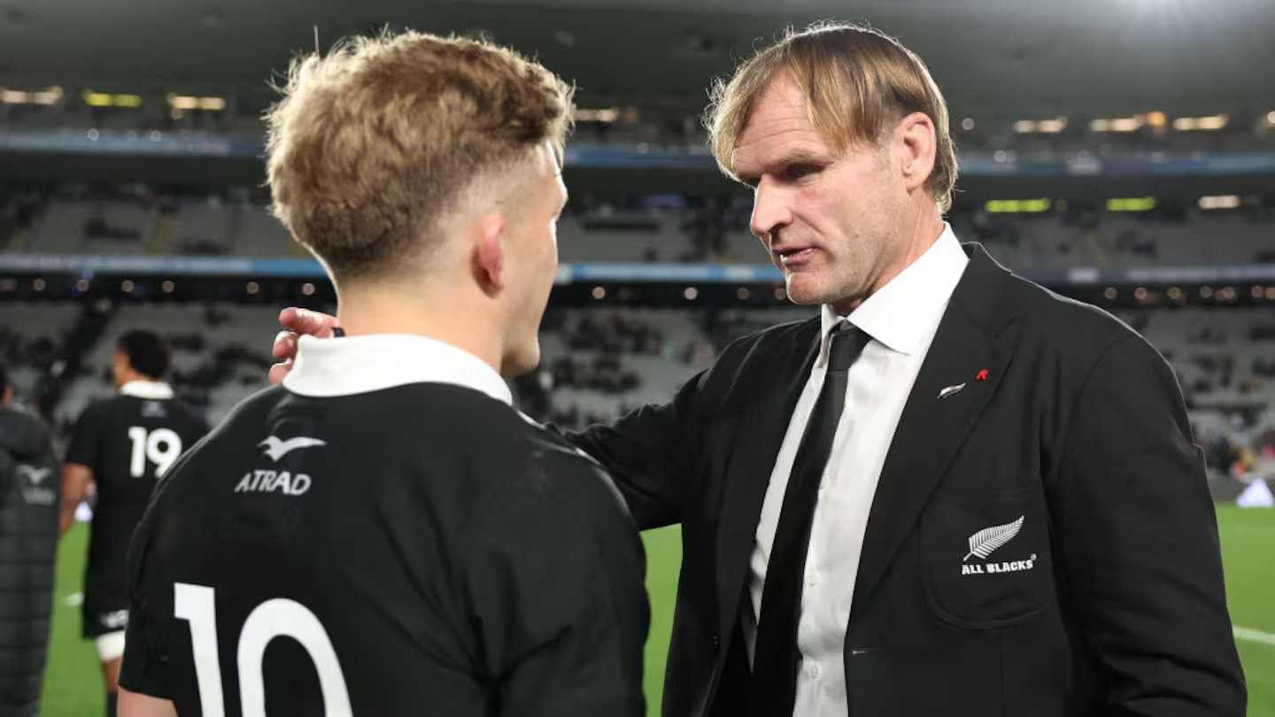 Damian McKenzie (left) and Scott Robertson. Photo / Getty Images