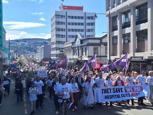 An estimated 35,000 people marched against the government's proposed hospital cuts in Dunedin on Saturday. Photo / Ben Tomsett