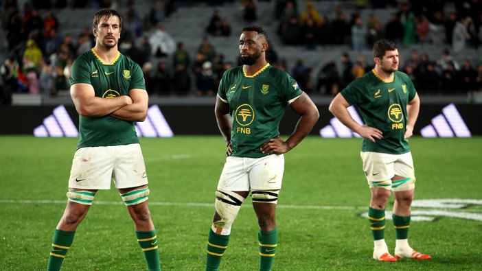 Eben Etzebeth of South Africa and Siya Kolisi of South Africa look on following The Rugby Championship match between the New Zealand All Blacks and South Africa Springboks at Eden Park on September 06, 2025 in Auckland, New Zealand. (Photo by Phil Walter/Getty Images)