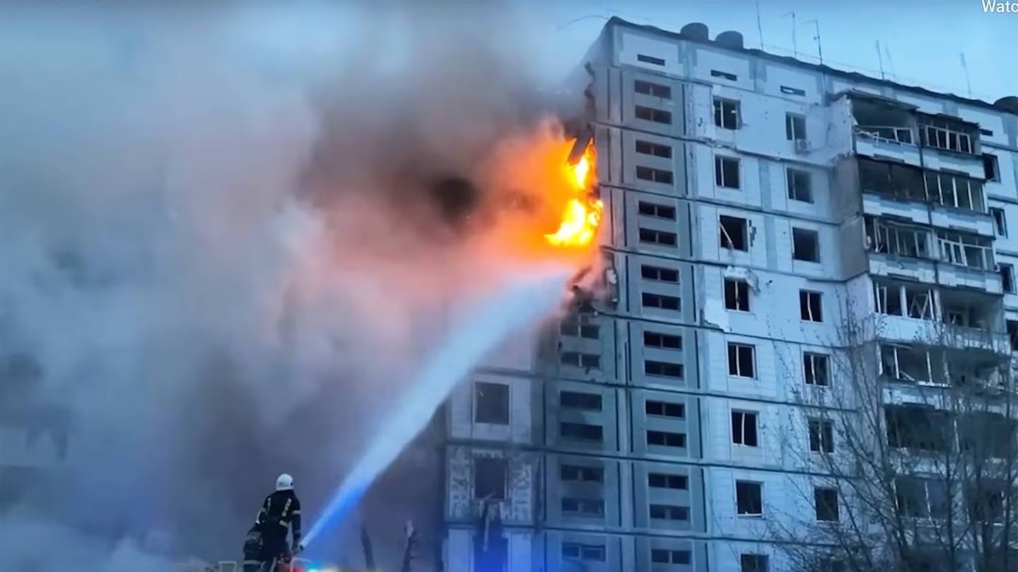 In this image taken from video provided by the National Police of Ukraine, firefighters work at an apartment building destroyed by a Russian attack in the town of Uman. Photo / AP