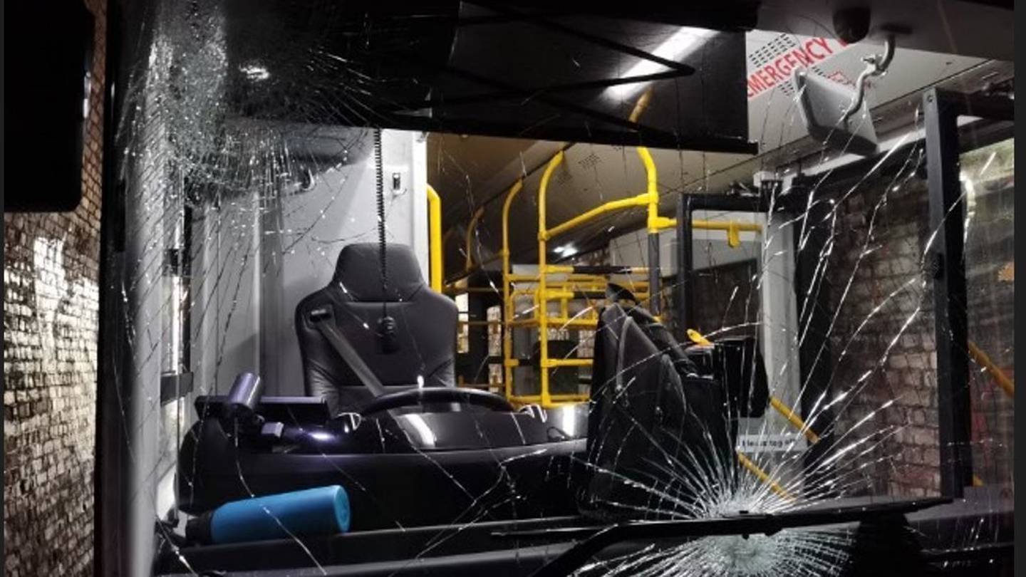 The shattered windscreen of the bus outside the Mt Victoria bus tunnel in Wellington. Photo / Supplied