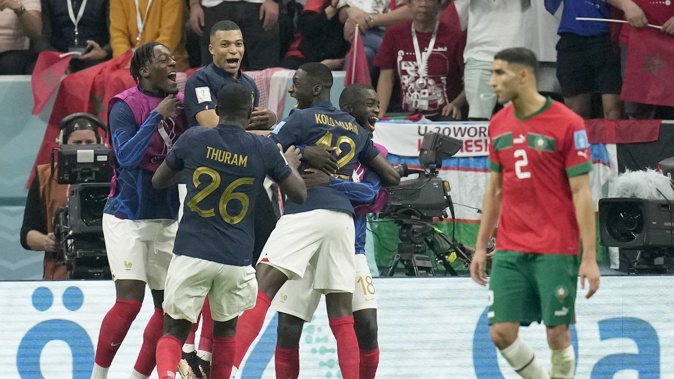 France's Randal Kolo Muani celebrates after scoring his side's second goal against Morocco at the Al Bayt Stadium in Al Khor, Qatar. Photo / AP