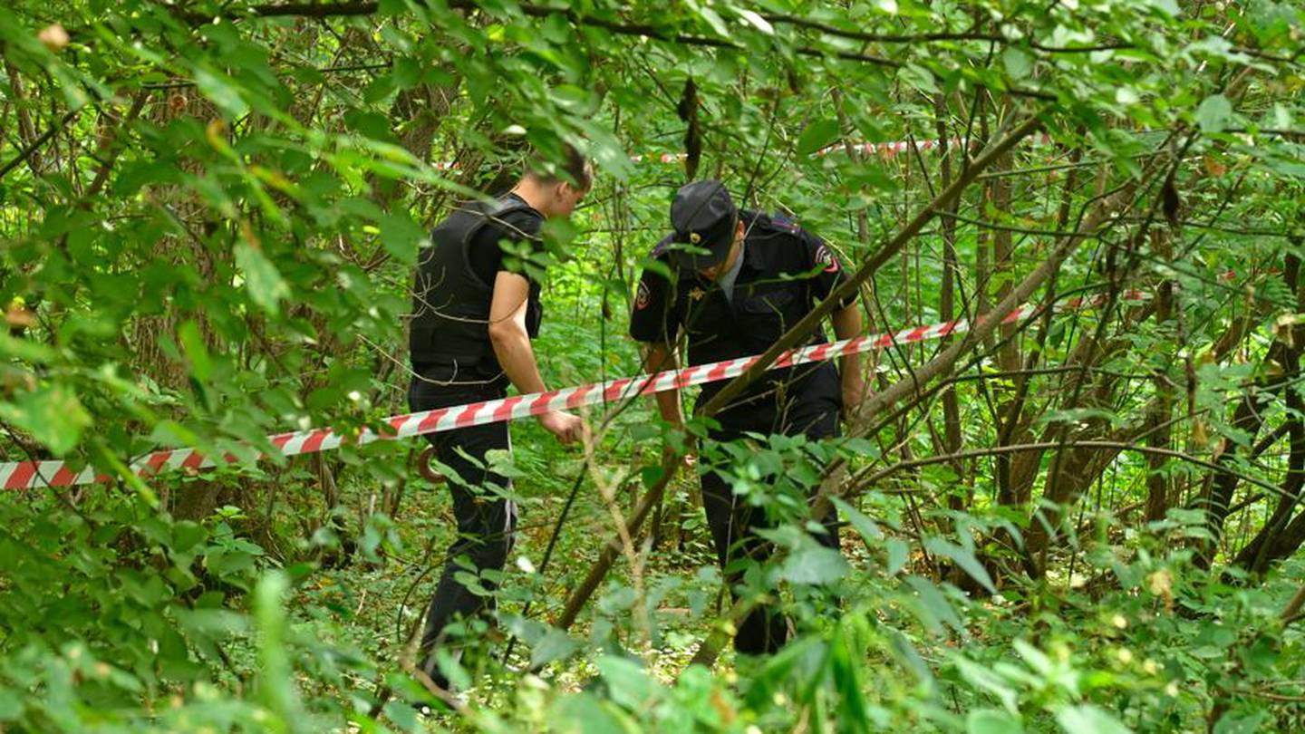 Police officers investigate the site of the wreckage of a drone felled near the Karamyshevskaya embankment in Moscow, Russia. Photo / AP