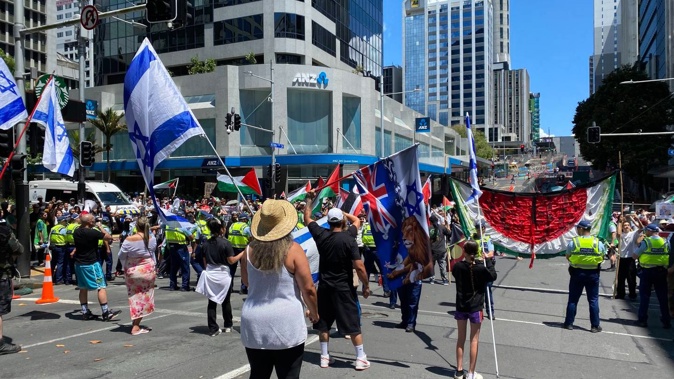 Pro-Israel counter protesters shouting down group demanding an end to war in Gaza. Photo / Tom Dillane