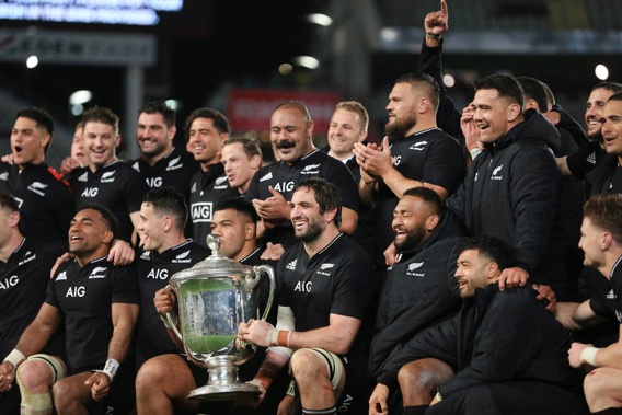 The All Blacks secured the Bledisloe Cup for a 19th year with victory in the second test at Eden Park on August 14. (Photo / Getty Images)