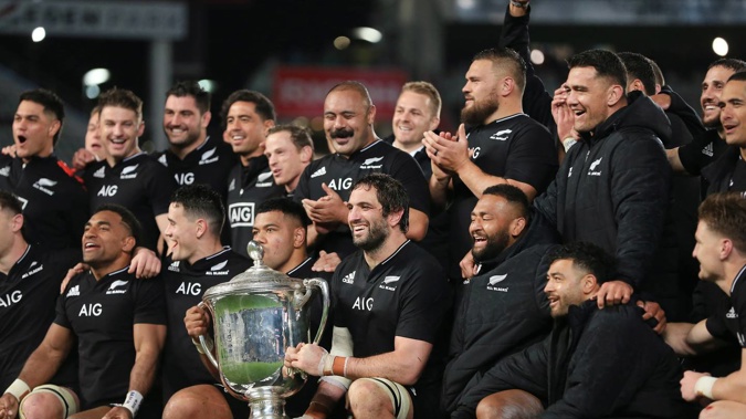 The All Blacks secured the Bledisloe Cup for a 19th year with victory in the second test at Eden Park on August 14. (Photo / Getty Images)