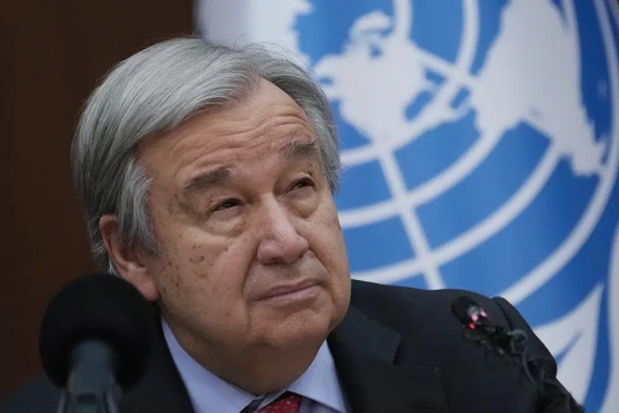 United Nations Secretary-General Antonio Guterres speaks to reporters during a news conference, in Baghdad, Iraq, March 1, 2023. Guterres is warning on the eve of World Press Freedom Day that the media is under attack in every corner of the world where “truth is threatened by disinformation and hate speech.” (AP Photo/Hadi Mizban, File)