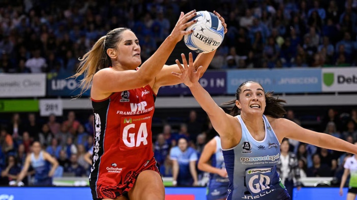 Te Paea Selby-Rickit. left, and Holly Rae battle it out in the ANZ Premiership final between the Mainland Tactix and Northern Mystics last weekend. Photo: Andrew Cornaga / Photosport