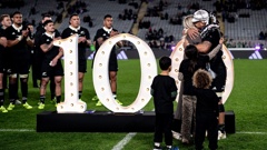 Ardie Savea celebrates his 100th test with his family at Eden Park. Photo / Dean Purcell