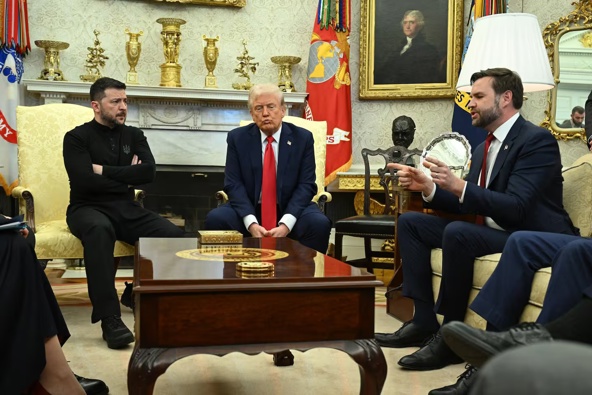 US Vice-President JD Vance (right) called Ukraine's President Volodymyr Zelenskyy (left) "disrespectful" as they met, along with US President Donald Trump, in the Oval Office. Photo / AFP