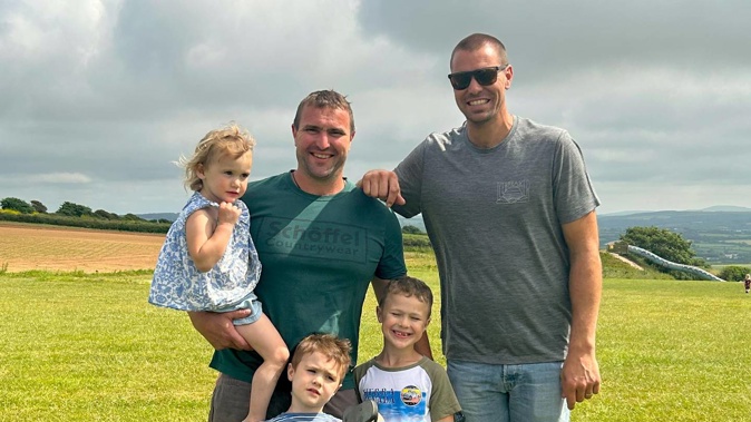 Matt Smith (left) and Rowland Smith in Cornwall last weekend, with Matt Smith's children, from left, Fern, 3, George, 4, and Dusty, 7.