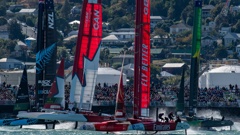 New Zealand, Canada, Great Britain and Australia in action during the second day of the 2024 SailGP event in Christchurch. Photo / Ricardo Pinto, SailGP